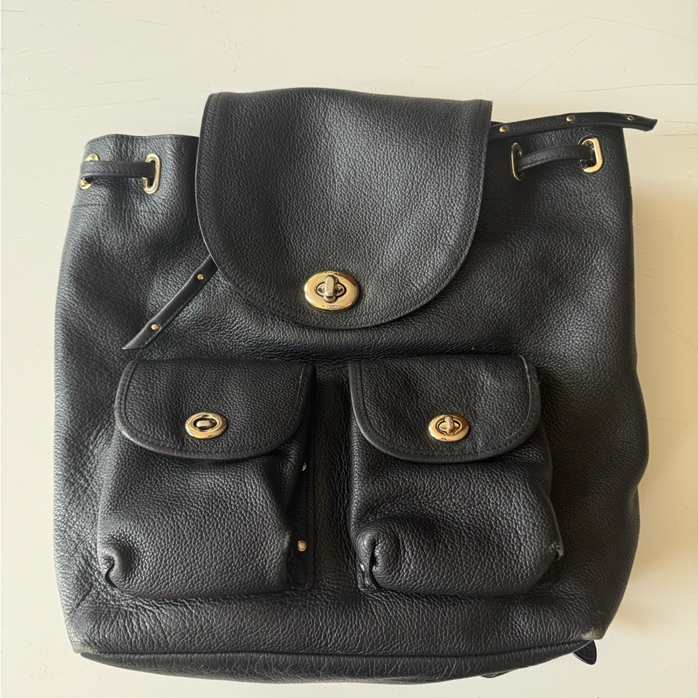 Coach Black Leather Backpack with Gold Hardware